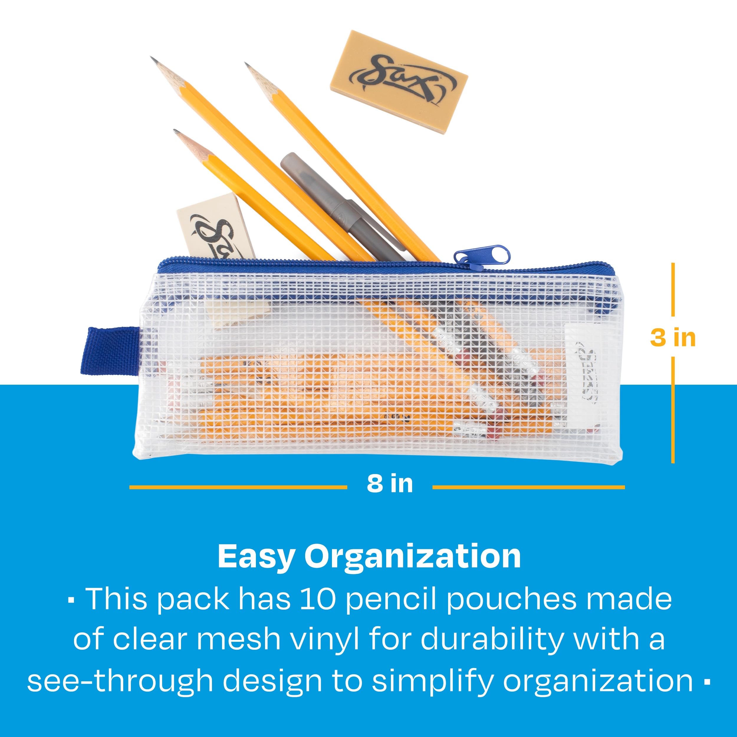 Sax Mesh Tool Case Pouch for Pencils, Pens, Markers, and School Supplies, 3 x 8 inches, Clear with Blue Trim, Pack of 10 - Image 8